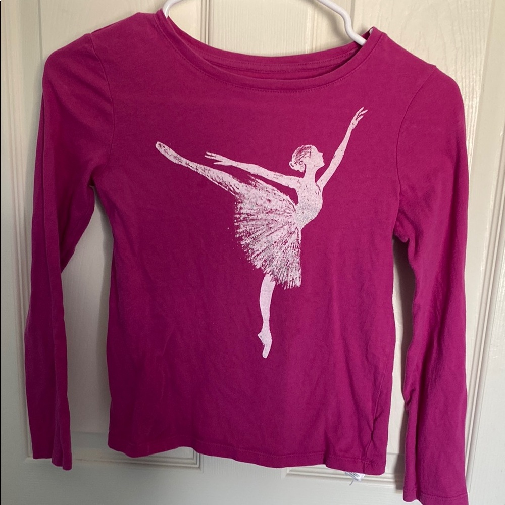 GAP Pink and White Long Sleeve Tee with Ballerina Design